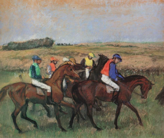 Malerei von Jockeys auf galoppierenden Pferden quer über eine grüne Wiese mit wehenden Mähnen und Schweifen, vor Bäumen und einem hellblauen Himmel unter strahlendem Sonnenschein.
