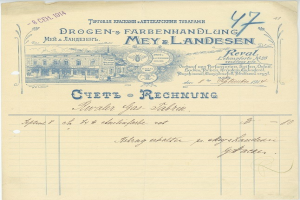 Altes Dokument mit einem Gebäudebild, Text und einem Stempel, das einem Beleg ähnelt