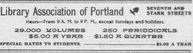 Eine Schwarz-Weiß-Anzeige für den Library Association of Portland, mit Text.