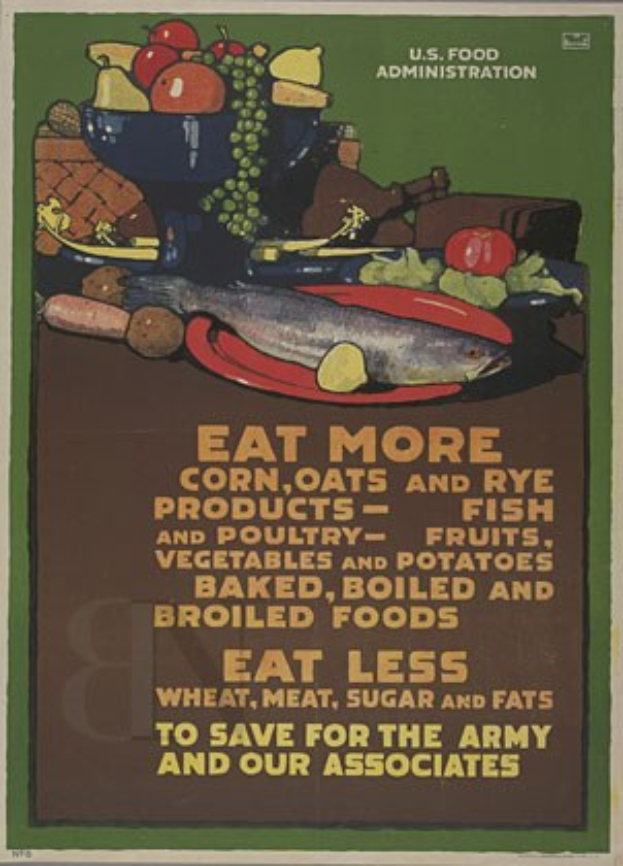 Plakat mit Bildern von Obst, Gemüse und einem Fisch, das den Text "Essen Sie mehr Mais, Hafer und Roggenprodukte" zeigt, um gesunde Lebensmittel für die Armee und Partner zu fördern.