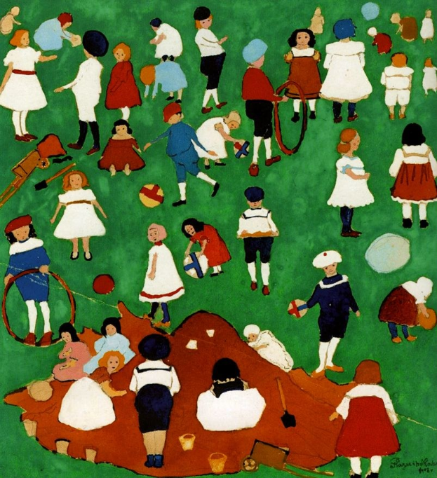 Malerei von Kindern, die auf einem Feld spielen und verschiedene Gegenstände wie Bälle, Schaufeln und andere Dinge halten, mit einem Wasserzeichen auf der rechten Seite.