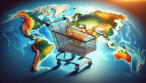 Ein Einkaufswagen voller Lebensmittel steht vor einer Weltkarte und symbolisiert die Rolle des E-Commerce in der globalen Wirtschaft.