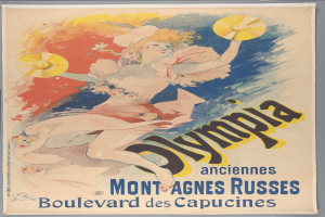 Plakat für die Olympischen Spiele in Mont-Agnes-Russes, Frankreich, das eine Frau in einem bunten Kleid zeigt, die einen Fächer hält, sowie Text auf dem Plakat.