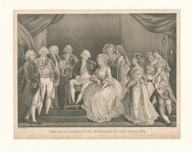 Eine Gruppenporträtaufnahme der englischen Königsfamilie im Jahr 1787, die auf einer Treppe steht und sitzt, mit Vorhängen im Hintergrund, begleitet von Text unten.