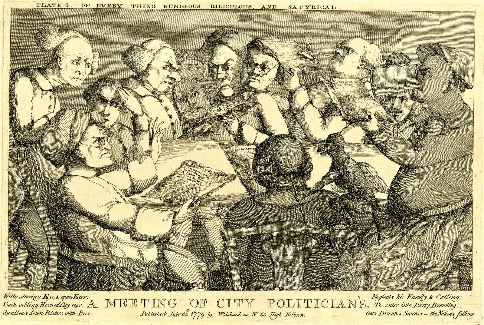 Eine Gruppe von Menschen sitzt um einen Tisch, einer hält ein Buch in der Hand, mit der Bildunterschrift "Eine Sitzung von Stadtpolitikern" darunter.