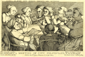 Eine Gruppe von Menschen sitzt um einen Tisch, einer hält ein Buch in der Hand, mit der Bildunterschrift "Eine Sitzung von Stadtpolitikern" darunter.