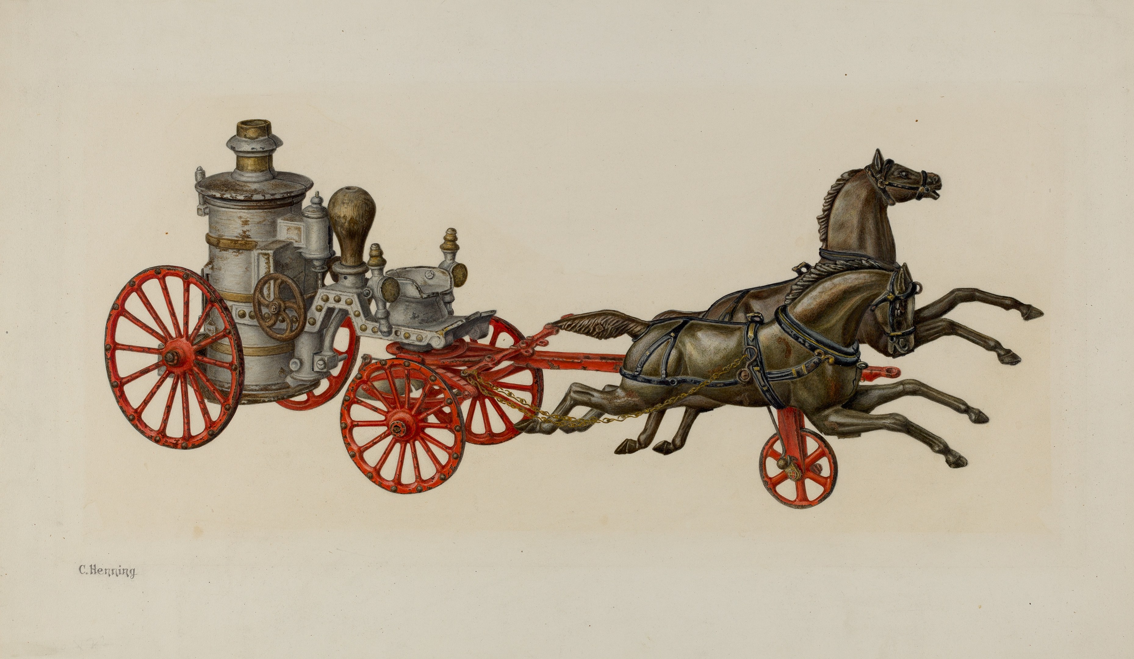 Zwei Pferde vor eine Feuerwache gespannt, mit sichtbaren Rädern und Hintergrundfahrzeug.