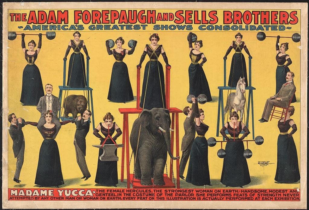 Plakat für die konsolidierte Zirkus-Show von Adam Forepaugh und Sells Brothers mit Performern auf Hockern, einem Elefanten in der Mitte und Werbetext.