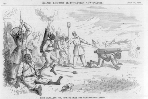 Ein Schwarz-Weiß-Cartoon von Männern in einem Feld, einige halten Gewehre und andere liegen am Boden, mit dem Text "Dunkle Artillerie oder Wie man die Schmuggelware nutzbar macht" oben und unten.