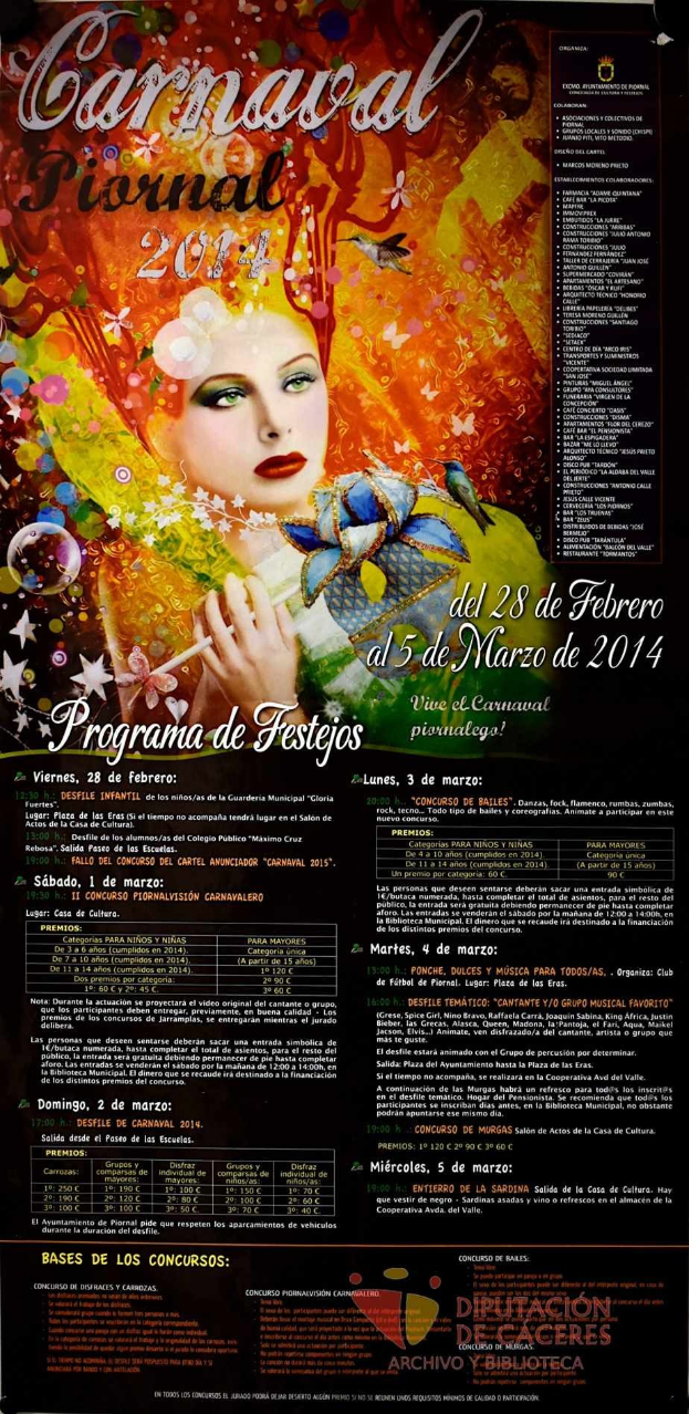 Plakat für das Karnevalsfest 2014 mit einer lächelnden Frau in einem bunten Kleid, umgeben von großer schwarzer Schrift auf einem leuchtenden gelben Hintergrund.