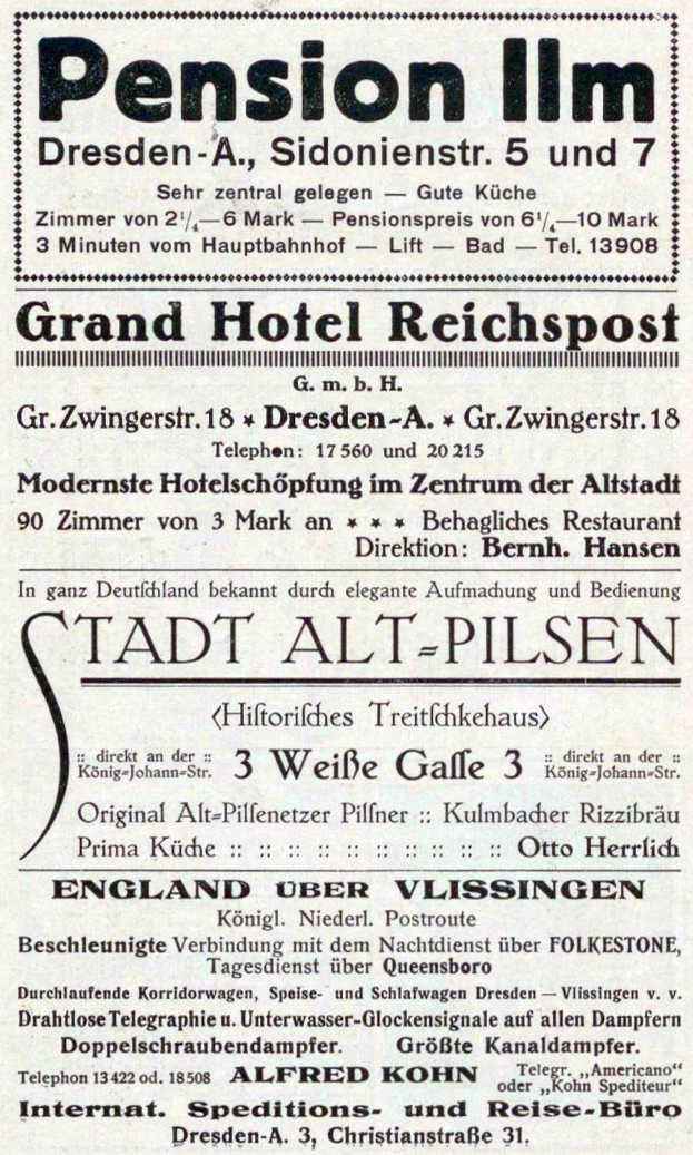 Schwarze und weiße Anzeige für eine Pension in Dresden, Deutschland, auf altem Zeitungsstil-Papier gedruckt.