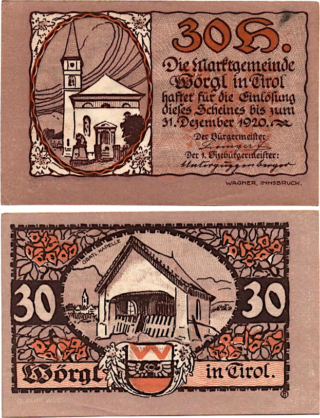Altes deutsches 30-Pfennig-Banknoten aus den 1930er Jahren mit einer Kirchenillustration in der Mitte, umgeben von Text.