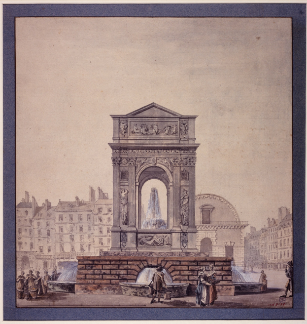 Ein gerahmtes Bild einer Brunnenanlage in der Mitte einer Stadt, umgeben von Gebäuden und Menschen, mit klassischem Stil.